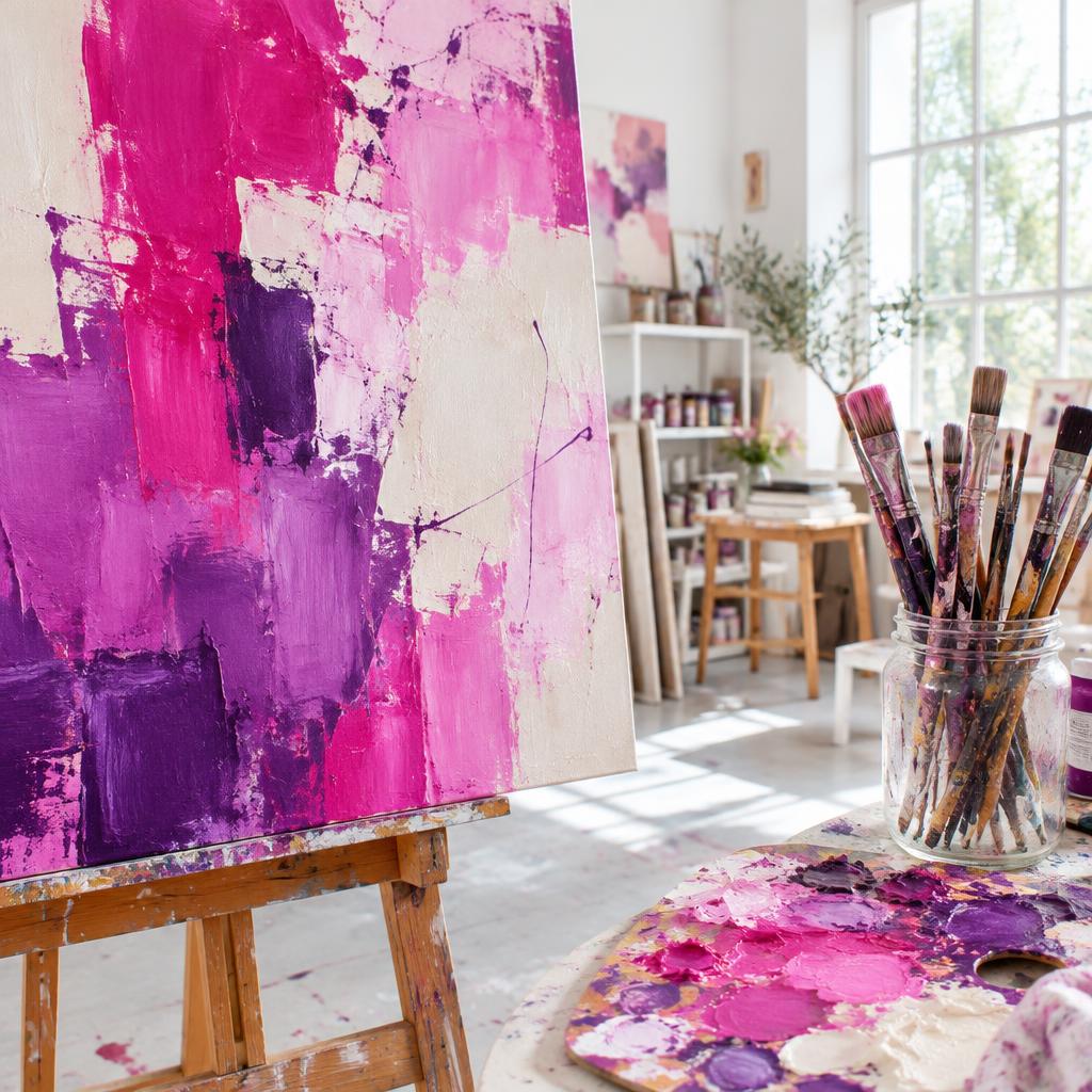 Illustration d’un atelier avec pinceaux, palette et peinture acrylique